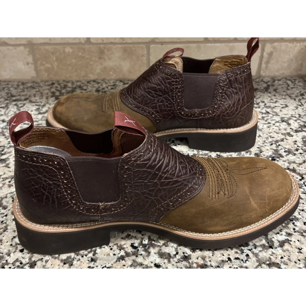 Twisted X Cow Dog Slip-On Men Brown Leather Western Ankle Boots Size 12 MCD0002